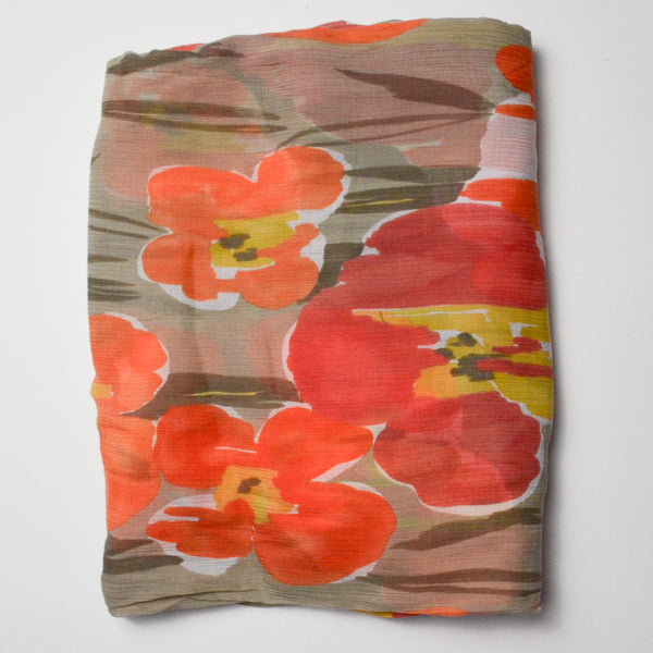 Brown + Red Floral Crinkled Sheer Fabric - 50" x 128"