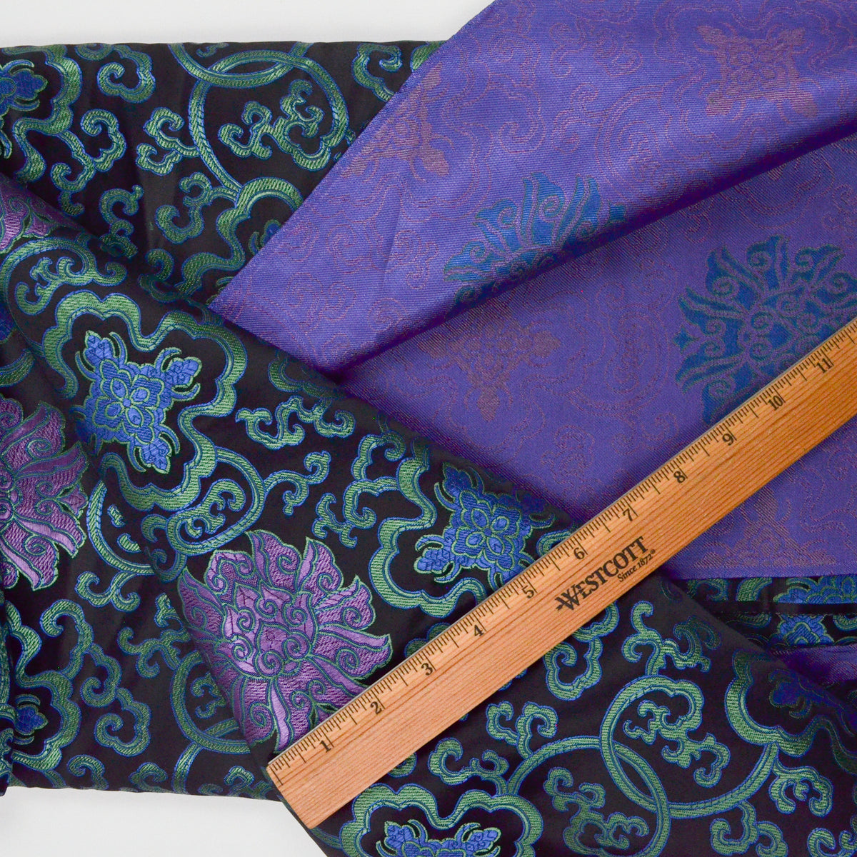 Black, Green, Purple + Blue Floral Metallic Brocade Woven Fabric