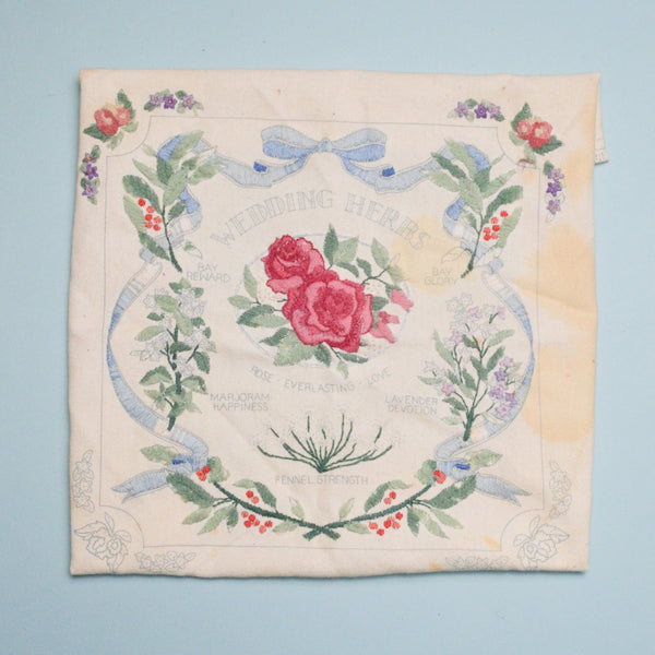 Vintage Sunset #11072  Wedding Herbs Crewel Embroidered Linen, Partially Worked - 16.5" x 17"