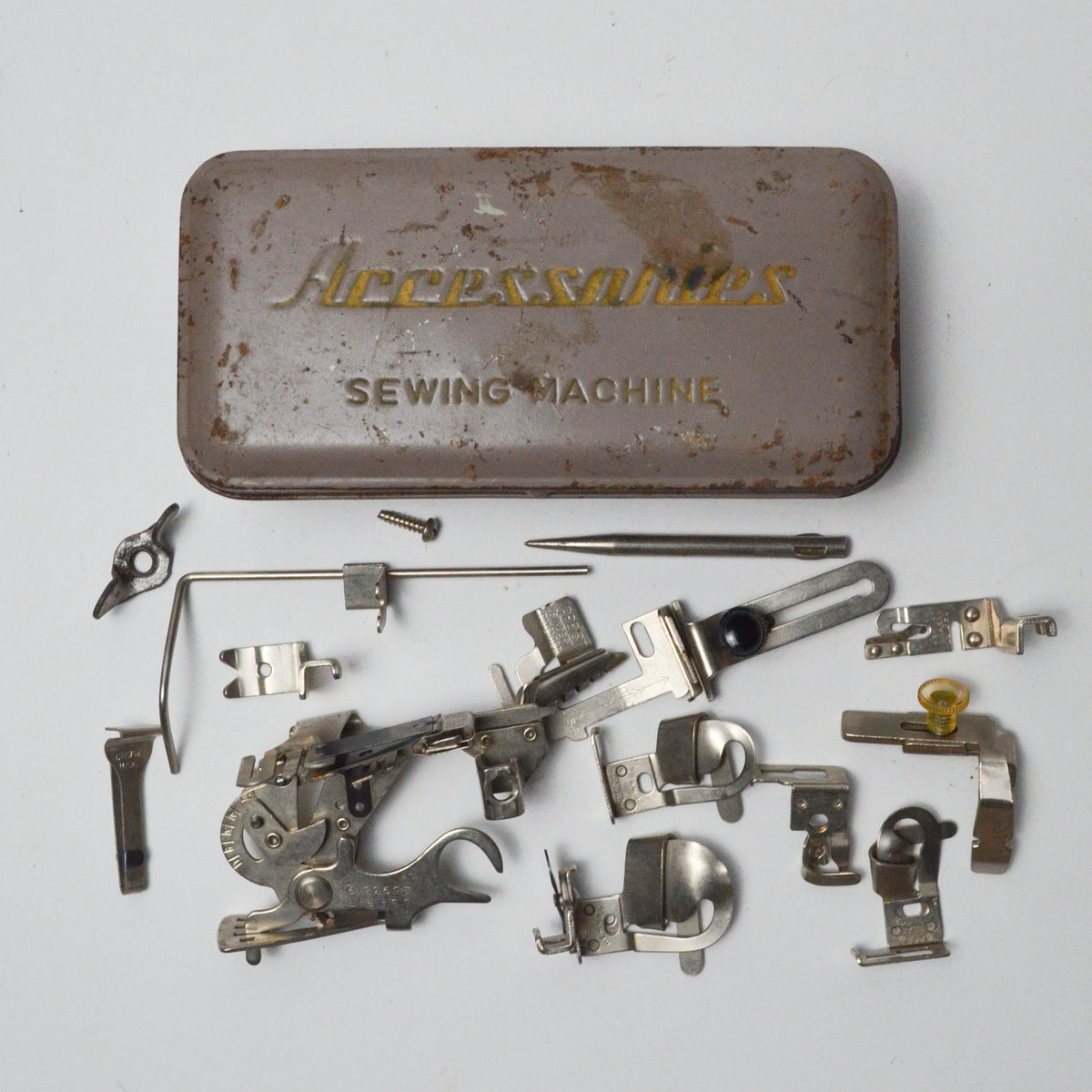 Greist Sewing Machine Attachments in Metal Tin Make & Mend