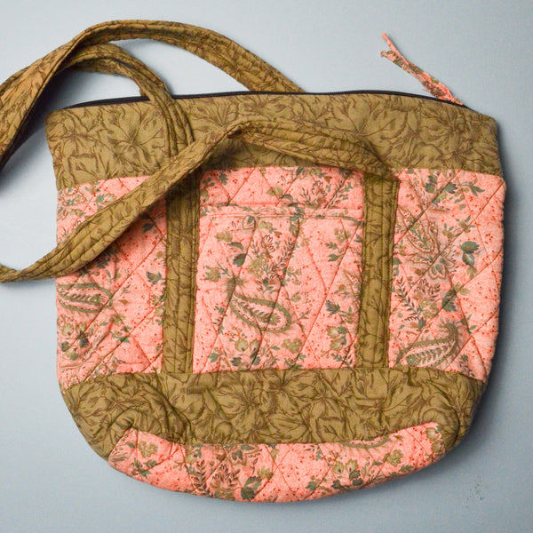 Quilted Pink + Green Paisley Tote Bag