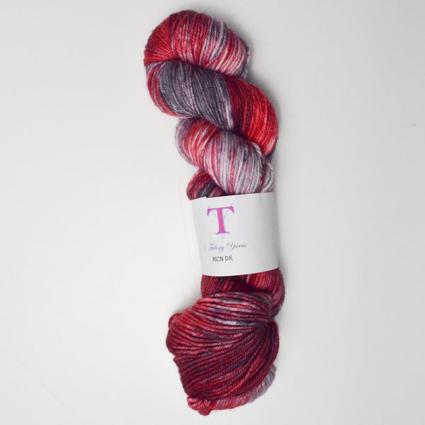Red + Purple-Gray Variegated Trilogy Yarns MCN DK Superwash Merino Wool, Cashmere + Nylon Blend Yarn - 1 Skein