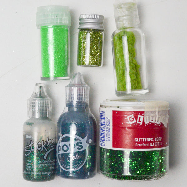 Green Glitter, Glitter Glue + Sand - 6 Jars