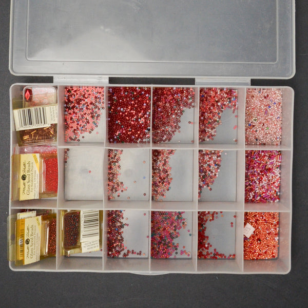 Red Needlework Seed Beads in Clear Compartment Case