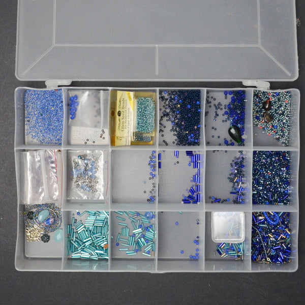 Blue Needlework Beads in Clear Compartment Case