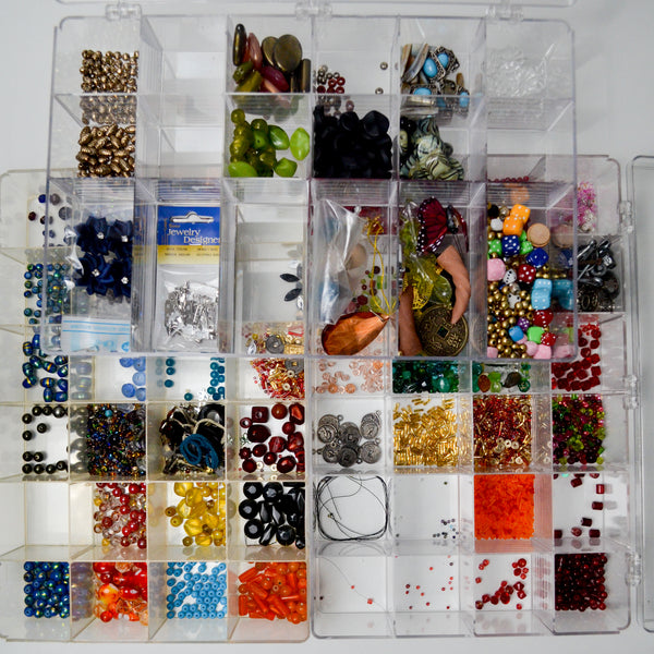 Assorted Beads in Clear Plastic Compartment Containers