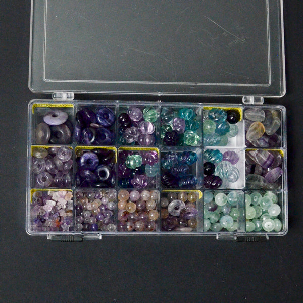 Purple + Green Fluorite Beads in Clear Compartment Case