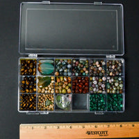 Green + Brown Jasper, Malachite + Tiger's Eye Beads in Clear Compartment Case