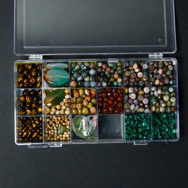 Green + Brown Jasper, Malachite + Tiger's Eye Beads in Clear Compartment Case