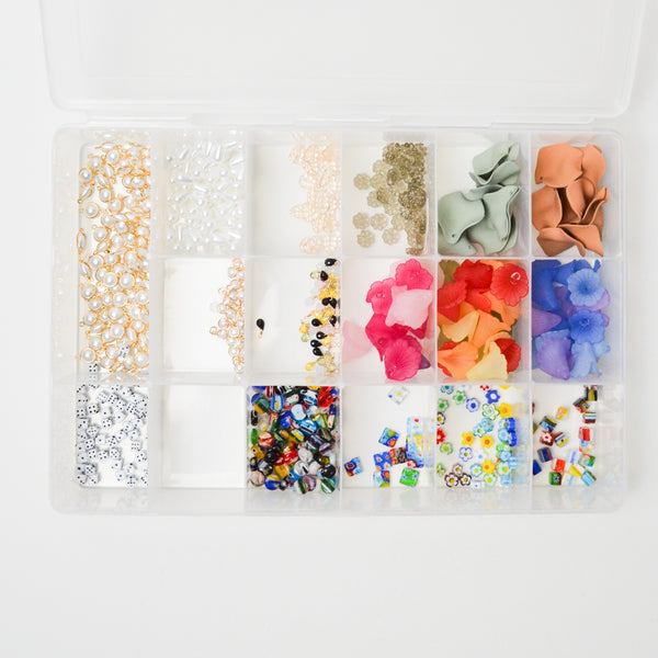 Faux Pearl, Glass + Floral Beads in Clear Compartment Case