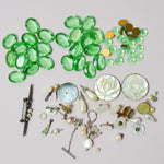 Assorted Glass Cabochons, Cufflinks + Carved Mother of Pearl Findings