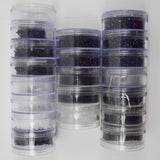 Assorted White, Black + Dark Iridescent Blue Beads in Organizing Containers