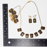 Black + Gold Floral Amita Damascene Japan Panel Jewelry Set - Necklace, Bracelet + Earrings