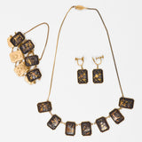 Black + Gold Floral Amita Damascene Japan Panel Jewelry Set - Necklace, Bracelet + Earrings