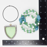 Blue + Green Beaded Bracelet + Leaded Glass Pendant