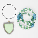 Blue + Green Beaded Bracelet + Leaded Glass Pendant