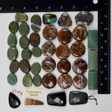 Brown + Green Polished Stone Beads, Snowflake Obsidian + Mosasaurus Tooth