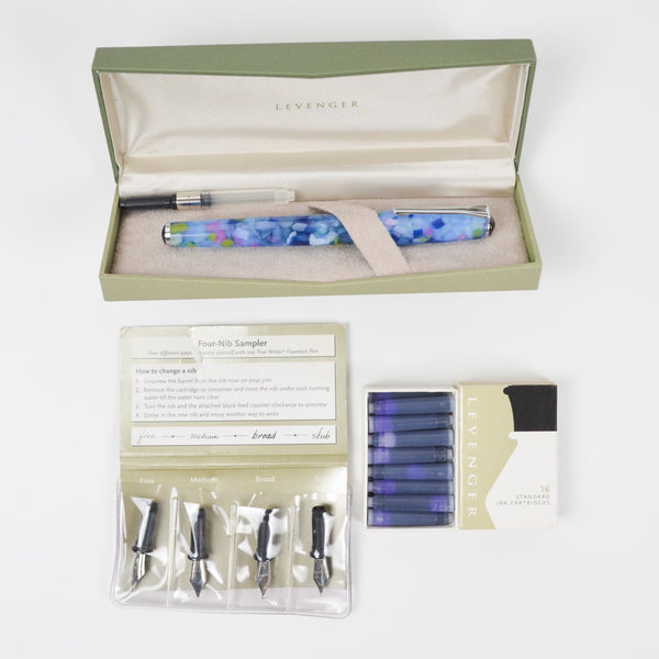 Levenger True Writer Fountain Pen, Broad Tip with Empty Cartridge, Purple Ink Cartridge Set + True Writer Four-Nib Sampler