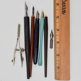 Assorted Fountain Pens + Drafting Compass
