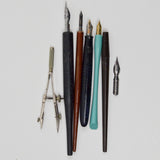 Assorted Fountain Pens + Drafting Compass