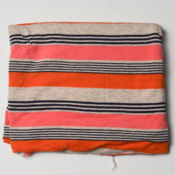 Tan, Navy, Pink + Orange Striped Stretchy Knit Fabric - 30" x 72"