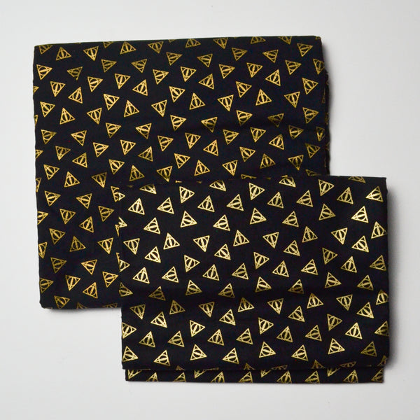 Black + Gold Deathly Hallows Print Quilting Weight Woven Fabric, 2 Pieces - 44" x 72" + 1 Yard