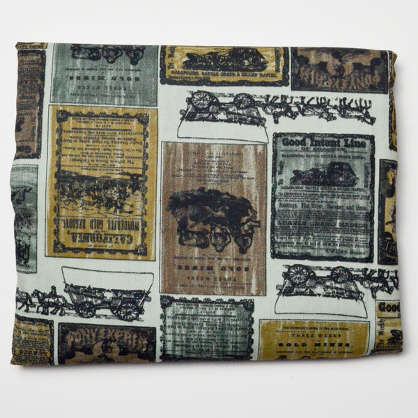 Green + Brown Old Newspaper Print Quilting Weight Woven Fabric - 37" x 108"