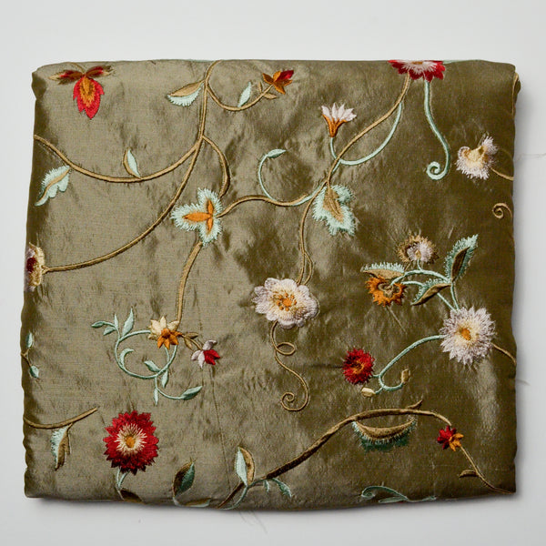 Embroidered Florals on Green Shot Silk Woven Fabric - 56" x 82"