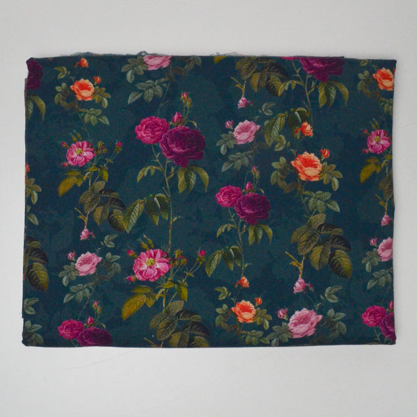 Teal + Pink Rose Print Quilting Weight Woven Fabric - 44" x 104"