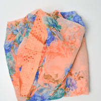 Coral Orange + Blue Floral Sheer Chiffon Fabric  - 45" x 200"