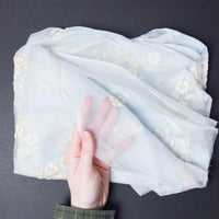 Blue + White Floral Vintage Embroidered Organza Fabric - 42" x 45"