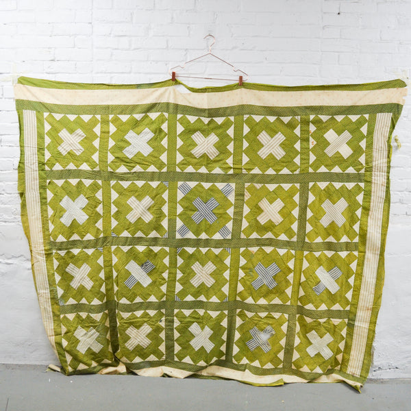 Green, Blue + Off-White Pieced Quilt Top - 76" x 88"