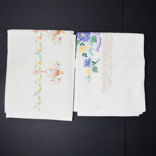 Vintage Embroidered Floral Pillowcases - Two 20" x 30"