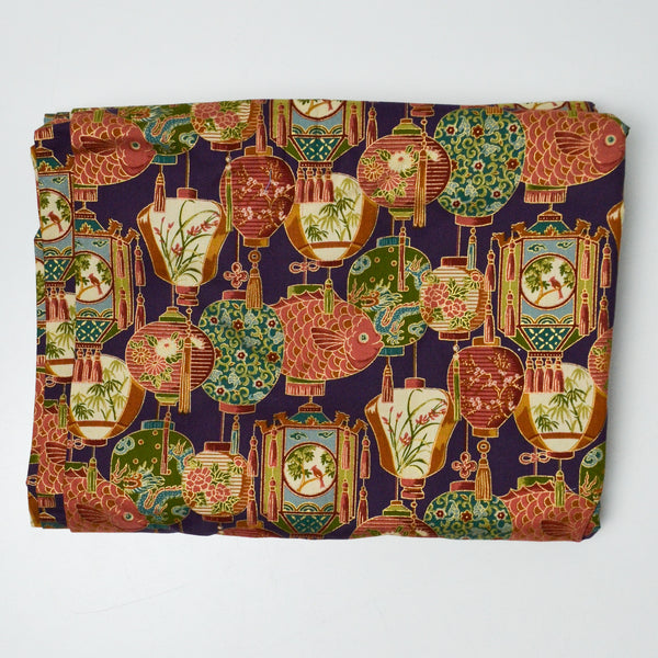 Lantern Print + Dark Purple Quilting Weight Woven Fabric with Gold Accents - 44" x 136"