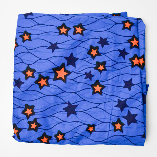 Blue + Orange Stars Wax Print Woven Fabric - 48" x 184"
