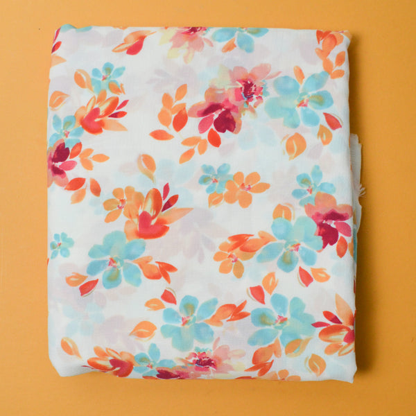 Red, Blue + Orange Floral Polyester Crepe Fabric - 54" x 144"