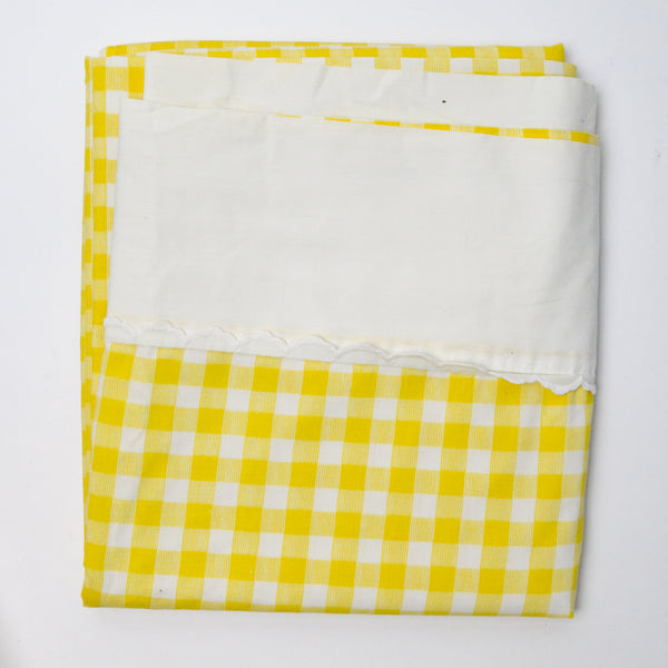 Yellow Gingham Vintage Floral Flat Sheet with Scalloped Lace Border - 81" x 104"
