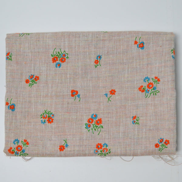 Brown + Blue and Orange Flocked Floral Vintage Woven Fabric - 36" x 48"