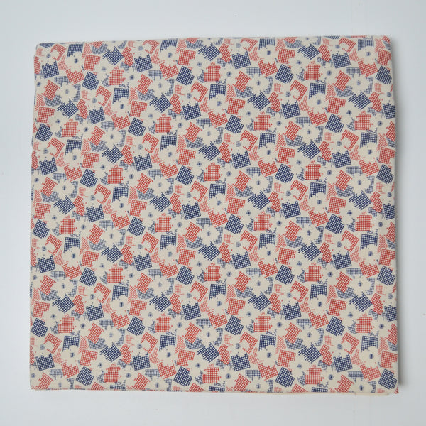 Tan, Blue + Red Geometric Floral Quilting Cotton Fabric - 42" x 74"