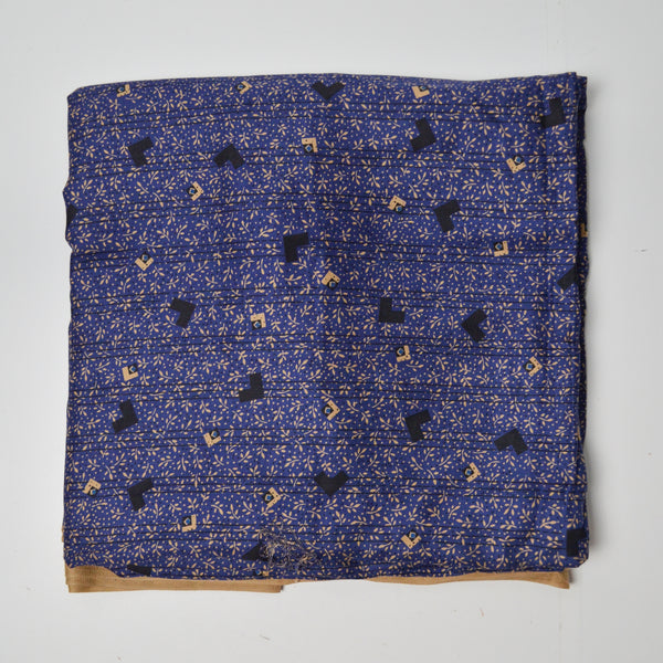 Dark Blue, Tan + Black Geometric + Leaf Print Flowy Twill Woven Fabric - 44" x 104"
