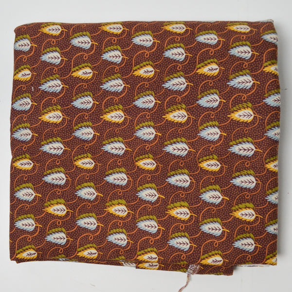 Warm Brown, Yellow + Blue Leaf Quilting Cotton Fabric - 41" x 144"