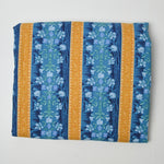 Blue + Golden Yellow Striped Floral Quilting Weight Woven Fabric - 44" x 108"