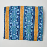 Blue + Golden Yellow Striped Floral Quilting Weight Woven Fabric - 44" x 108"