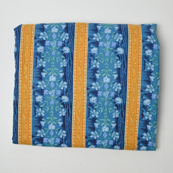 Blue + Golden Yellow Striped Floral Quilting Weight Woven Fabric - 44" x 108"