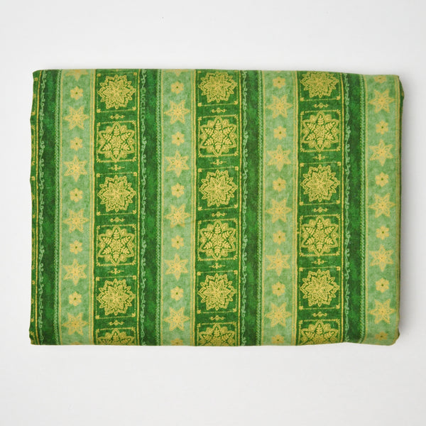 Green + Yellow Snowflake Print Quilting Weight Woven Fabric - 43" x 90"