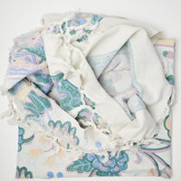 White + Pastel Floral Print Soft Woven Fabric with Fringe - 50" x 88"
