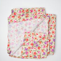 Beige, Pink + Purple Rose Print Quilting Weight Woven Fabric - 44" x 172"