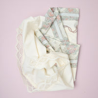 Off-White, Green + Pink Floral Print Lace Edge Tablecloth - 40" x 80"