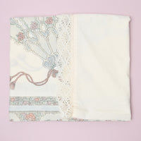 Off-White, Green + Pink Floral Print Lace Edge Tablecloth - 40" x 80"