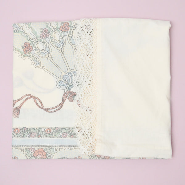 Off-White, Green + Pink Floral Print Lace Edge Tablecloth - 40" x 80"